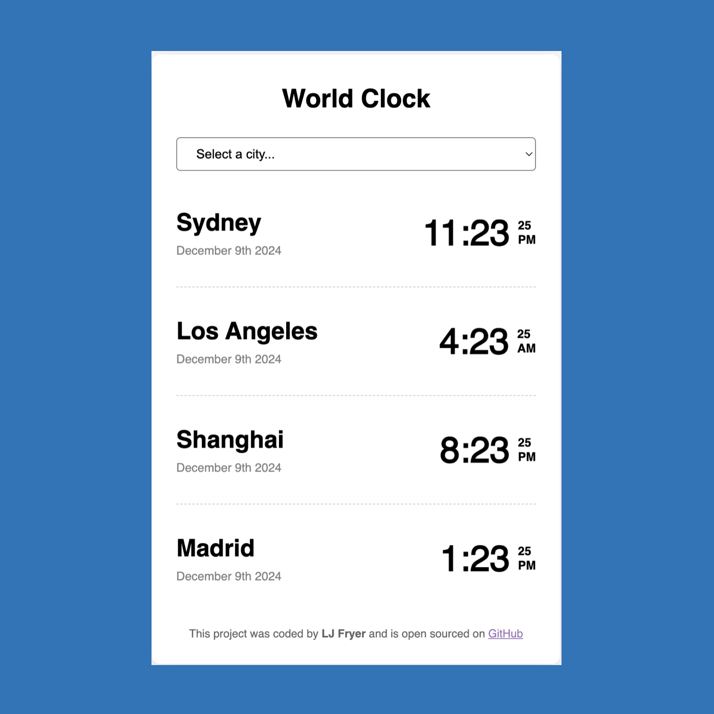 LJ Fryer World Clock App